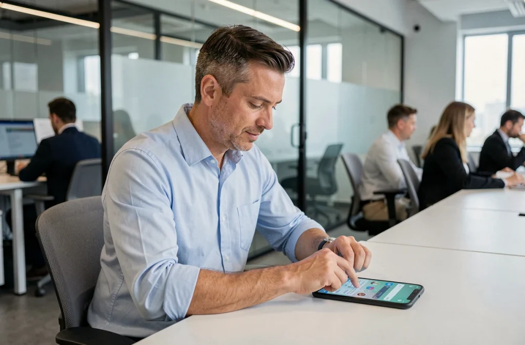 Homme en open space configurant les outils de gestion des notifications sur son smartphone Android au bureau