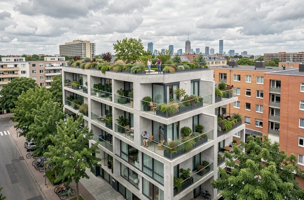 Vue extérieure d'un immeuble de colocation moderne en milieu urbain avec terrasses végétalisées et jardin partagé sur le toit