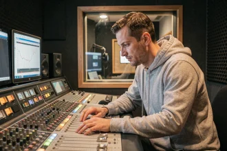 Ingénieur du son en studio de mixage professionnel travaillant sur une grande console avec des modules EQ pour équilibrer une basse dans un mix dense