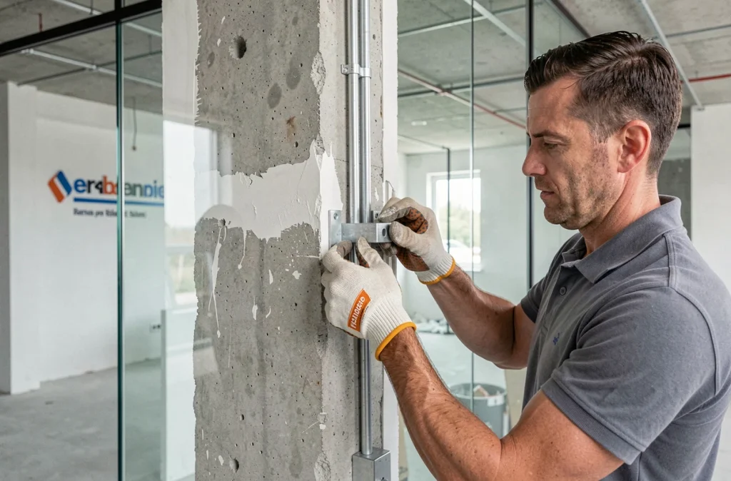 Ouvrier installant une fixation métallique à la jonction d'une colonne en béton et d'une cloison vitrée lors d'un aménagement de franchise commerciale