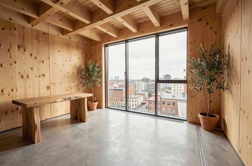 Intérieur d'un appartement en bois lamellé-croisé et béton poli dans un immeuble écologique urbain contemporain