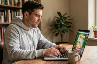 Homme jouant à la coinche en ligne gratuitement sur un ordinateur portable depuis son bureau à domicile