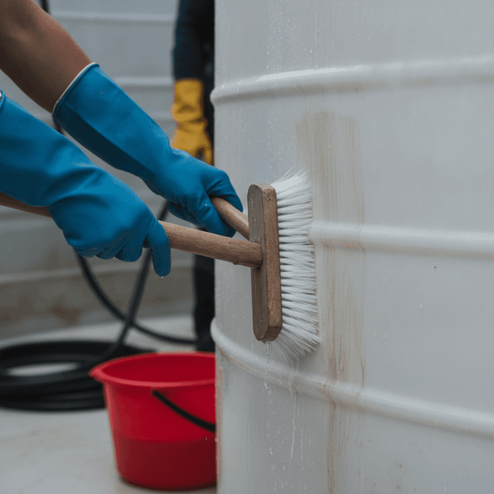 Nettoyage mécanique de l'intérieur d'une cuve d'eau avec brosse rigide à manche long et gants de protection