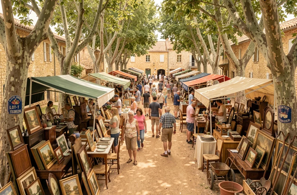 Vue panoramique d'un marché aux puces animé dans un village du Lot-et-Garonne par une matinée estivale