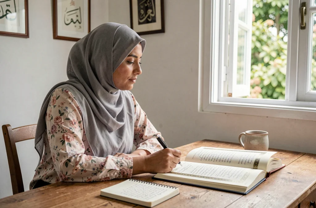 Femme musulmane méditant la Sourate Al Kahf en français avec un carnet de réflexions personnelles lors de sa routine du vendredi matin