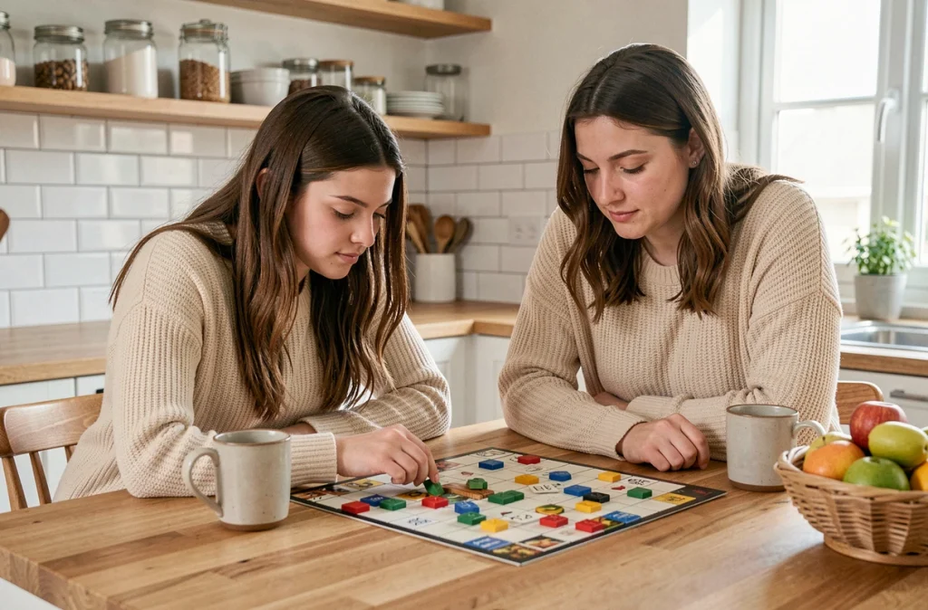 Adolescente et sa mère jouant à un jeu de plateau stratégique dans une cuisine moderne, moment de complicité intergénérationnel