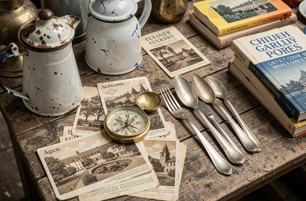 Gros plan sur des objets de brocante vintage disposés sur une table en bois dans le Lot-et-Garonne