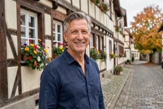Homme français d'âge moyen souriant devant une maison à colombages alsacienne typique avec des fleurs colorées aux fenêtres