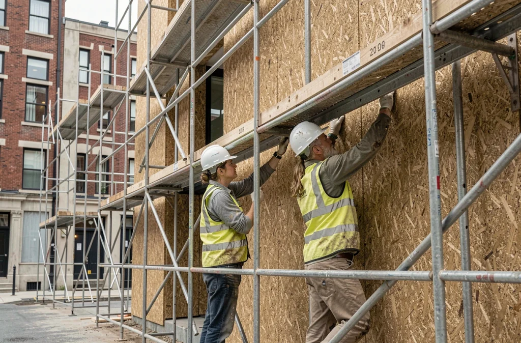 Ouvriers installant des panneaux biosourcés en chanvre sur un chantier de construction écologique en milieu urbain