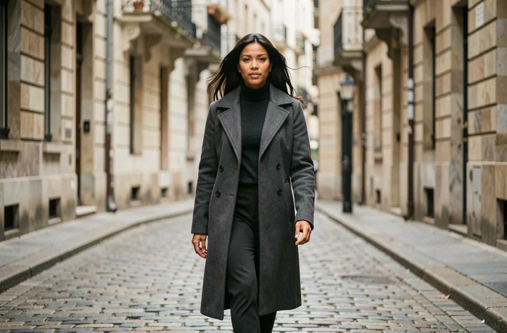 Femme aux origines diverses marchant dans une rue pavée européenne, portrait de rue illustrant le respect de la vie privée et de l'identité publique