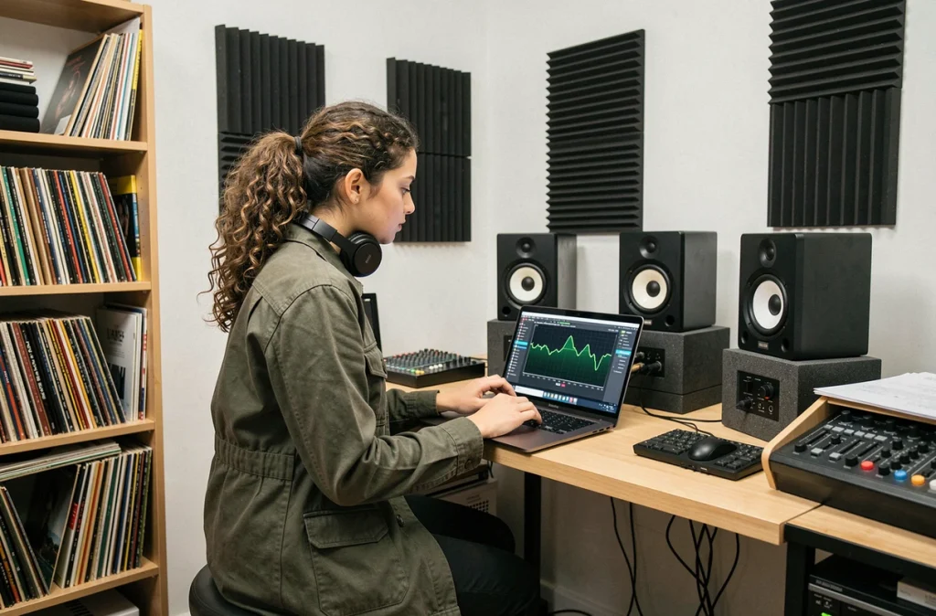 Jeune femme productrice musicale dans un home studio analysant le spectre de fréquences d'une ligne de basse sur un analyseur de spectre pour améliorer sa présence dans un mix