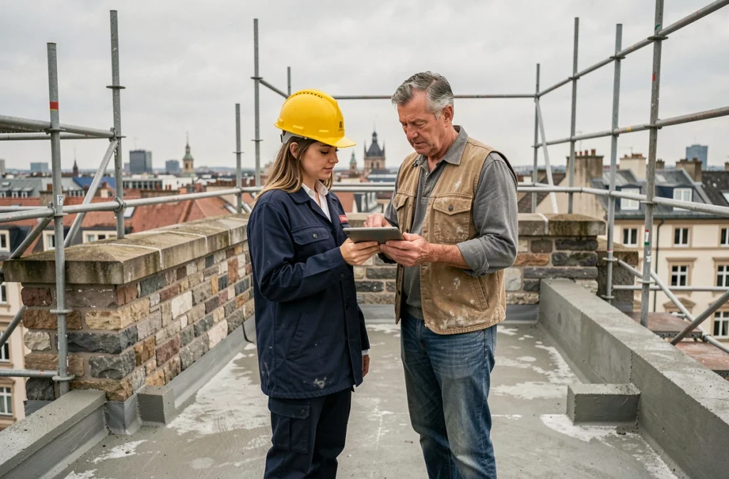 Deux professionnels du bâtiment discutant de la transformation d'un toit-terrasse historique avec tablette numérique et échafaudages urbains