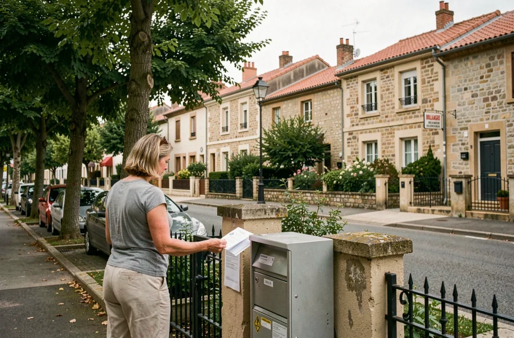 Propriétaire récupérant un avis d'imposition dans sa boîte aux lettres dans un quartier résidentiel français