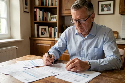 Propriétaire examinant ses avis de taxe foncière et documents fiscaux à son domicile en 2024