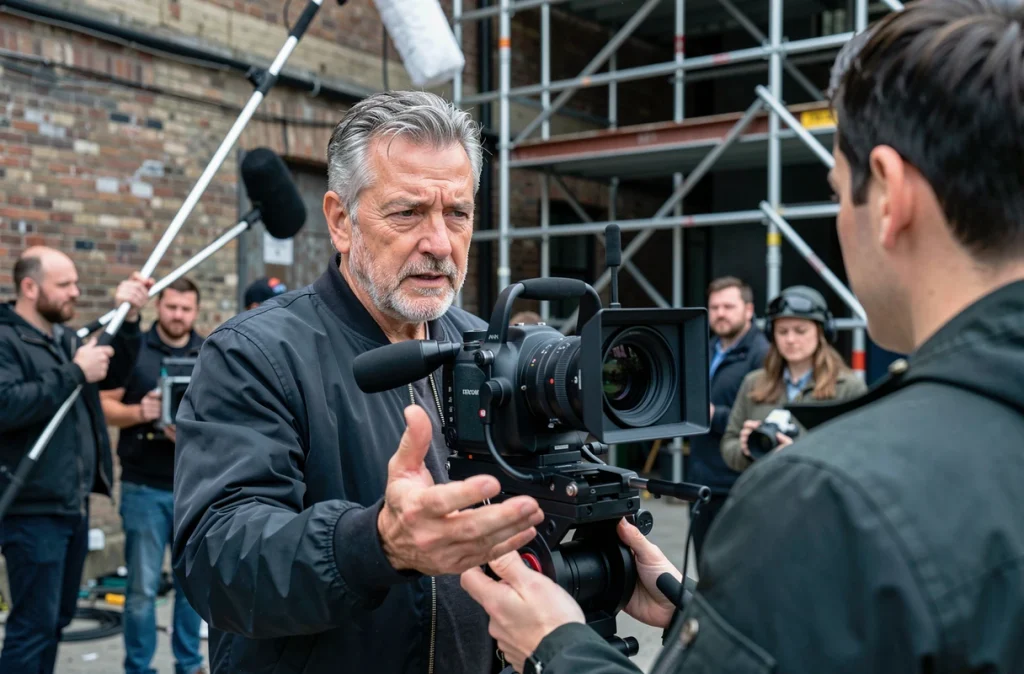 Réalisateur de cinéma indépendant donnant des directives à son équipe sur un plateau de tournage urbain