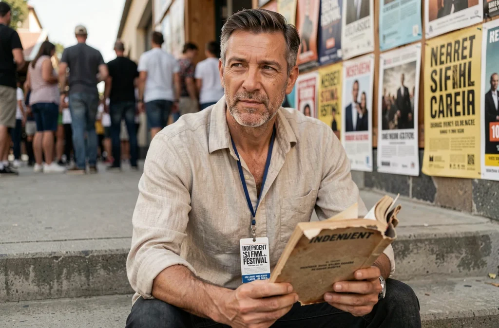 Réalisateur culte lors d'un festival de cinéma indépendant tenant un scénario usé assis sur des marches extérieures