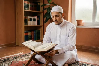 Jeune homme musulman récitant la Sourate Al Kahf assis sur un tapis de prière avec un Coran ouvert lors de sa routine du vendredi