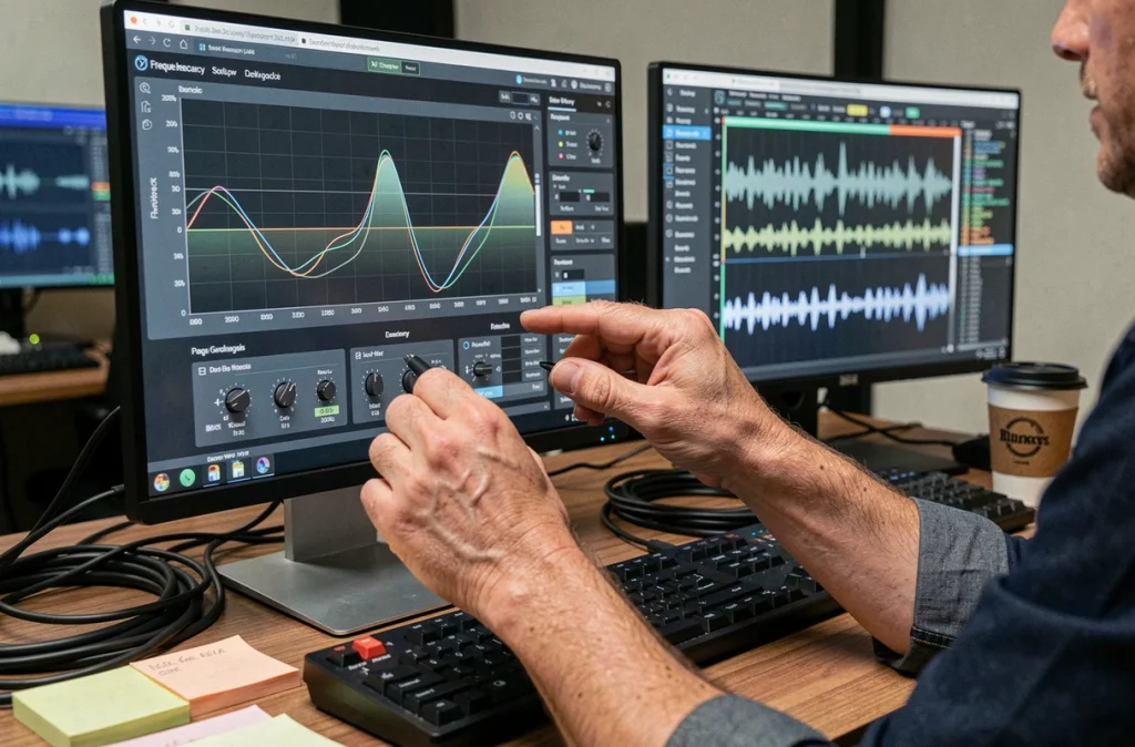 Gros plan sur des mains réglant un égaliseur paramétrique sur écran de DAW pour faire percer une ligne de basse dans un mixage musical chargé