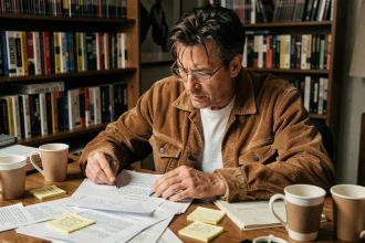 Scénariste indépendant concentré sur un script manuscrit dans un bureau créatif encombré de livres de cinéma