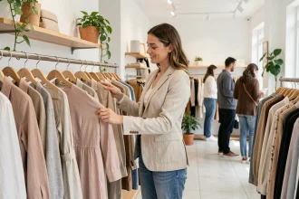 Femme faisant du shopping dans une boutique ouverte le dimanche à Montpellier, parcourant des vêtements dans un magasin moderne et lumineux