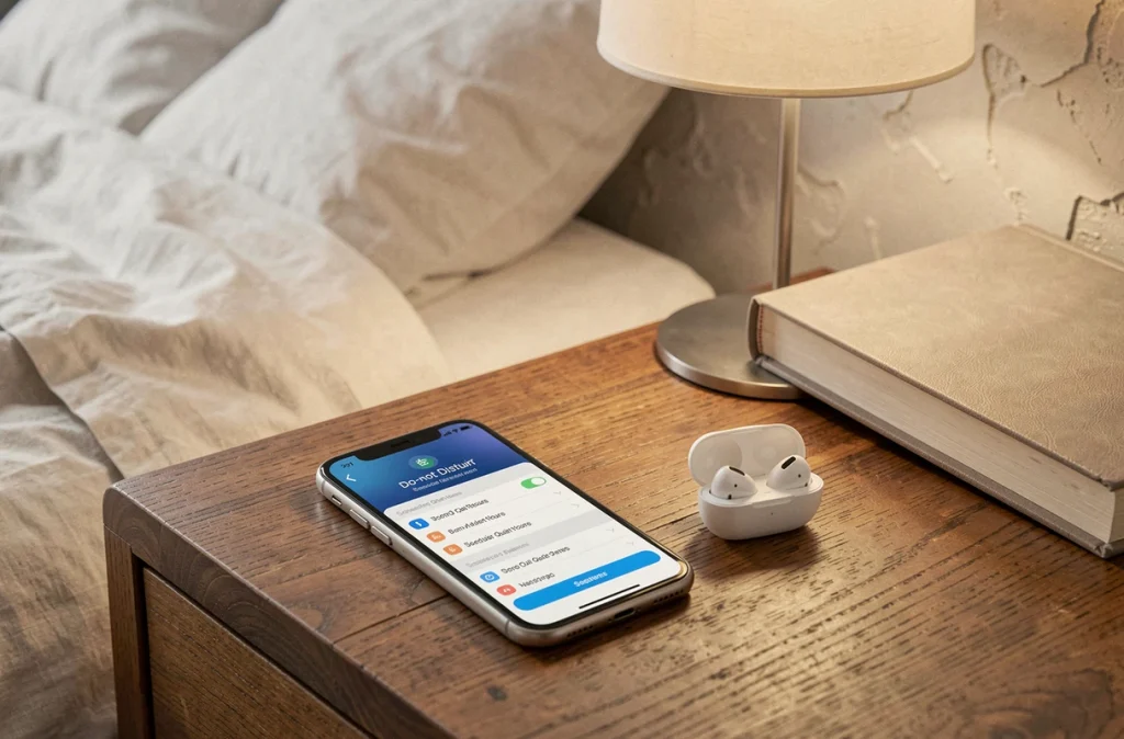Smartphone posé sur une table de chevet affichant les réglages du mode ne pas déranger avec des horaires programmés