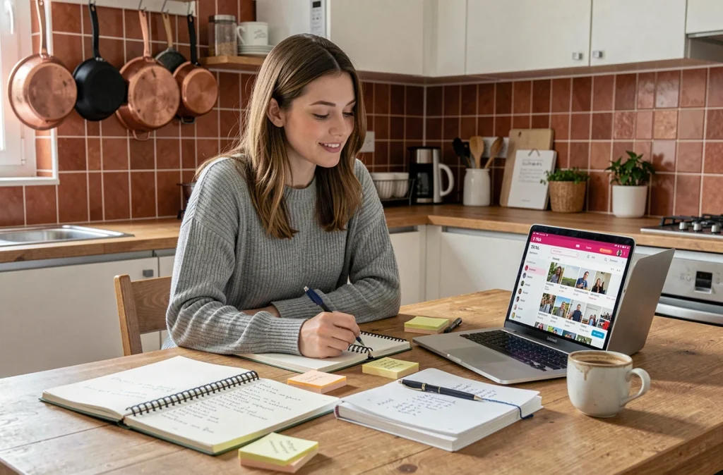 Stratégie de contenu TikTok : créatrice planifiant ses publications dans une cuisine moderne et cosy