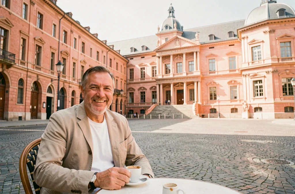 Homme assis en terrasse de café à Toulouse avec la place du Capitole et ses briques roses typiques en arrière-plan