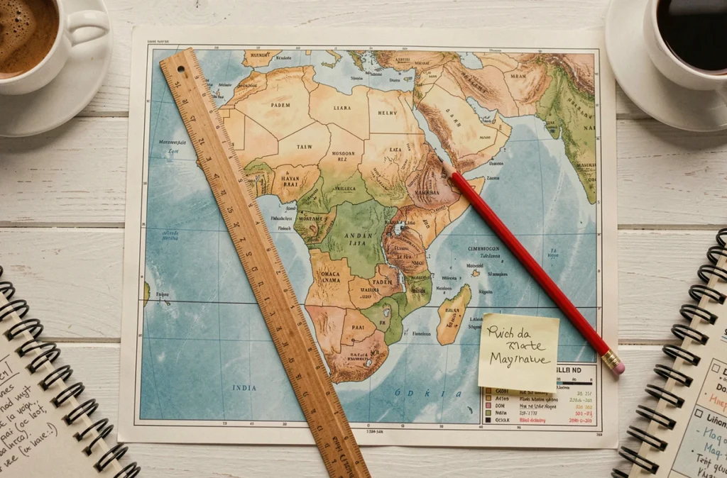 Vue aérienne d'une carte imprimée de l'Afrique avec un repère manuscrit indiquant l'emplacement de Mayotte