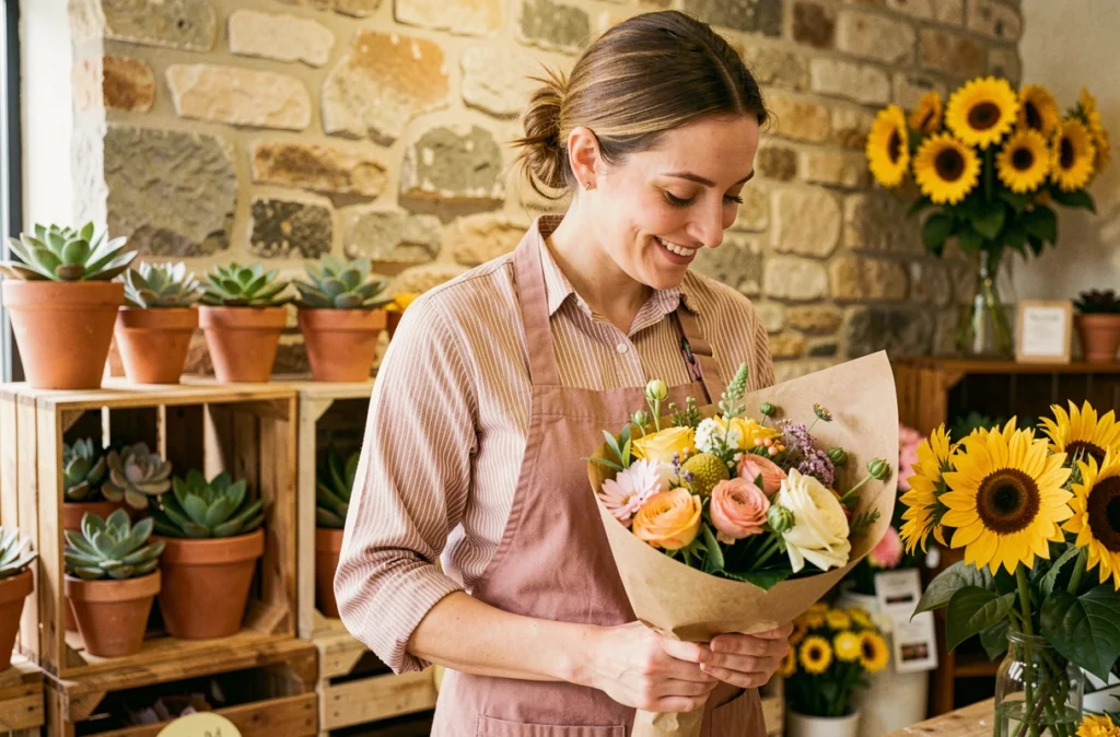 Fleuriste de A Fleurs de Peaugres emballant un bouquet de saison dans du papier kraft