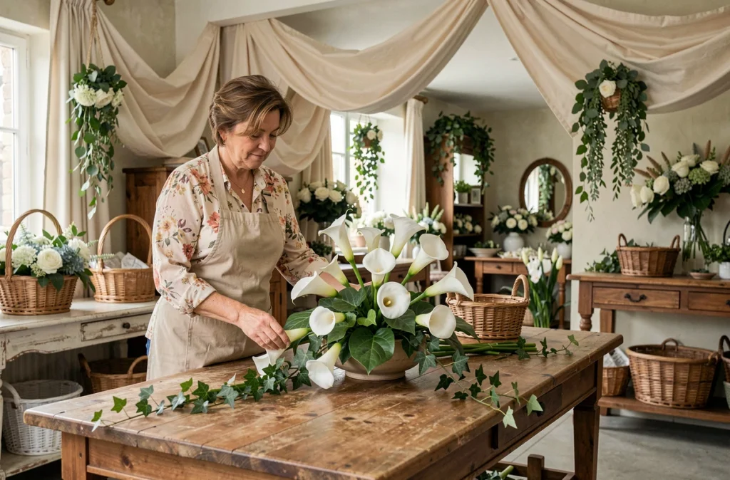 Fleuriste d'Arum Fleurs et Décorations à Davézieux préparant une composition de mariée avec des arums blancs
