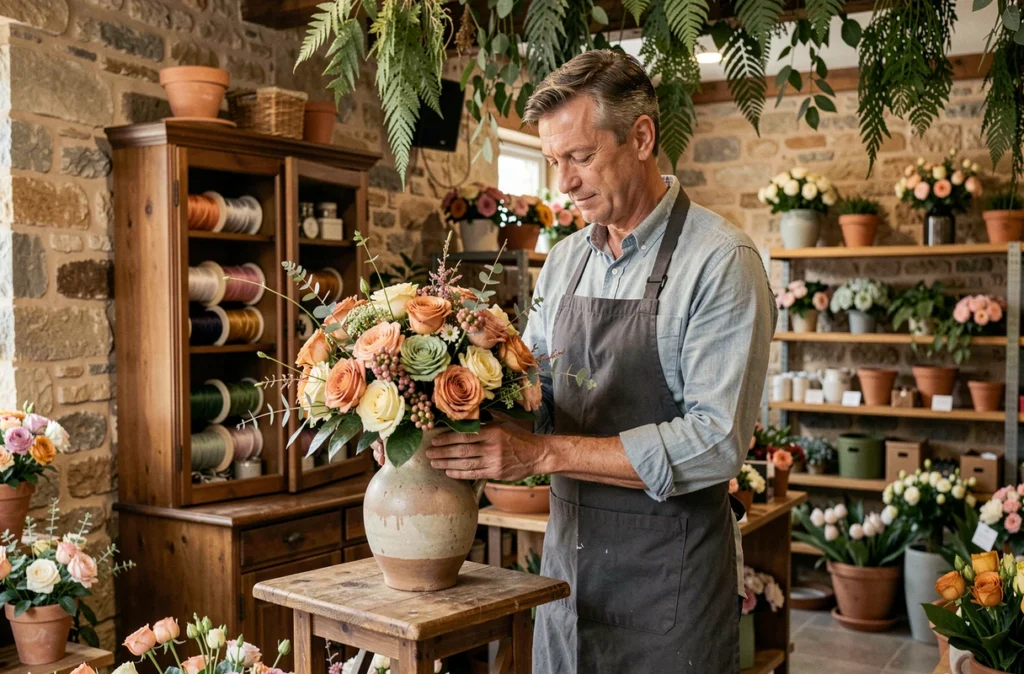 Fleuriste de Au Fil des Fleurs à Privas disposant une composition florale dans un vase décoratif