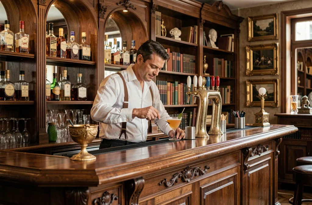 Intérieur élégant du bar L'Antiquaire à Lyon avec décor vintage et comptoir en bois sculpté