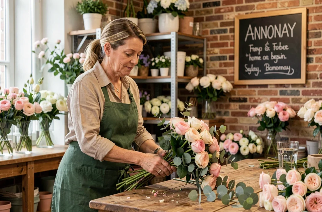Fleuriste de Coeur de Fleurs à Annonay confectionnant un bouquet de roses et d'eucalyptus