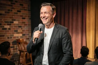 Comédien stand-up français sur scène dans un comedy club parisien, microphone en main, expression confiante