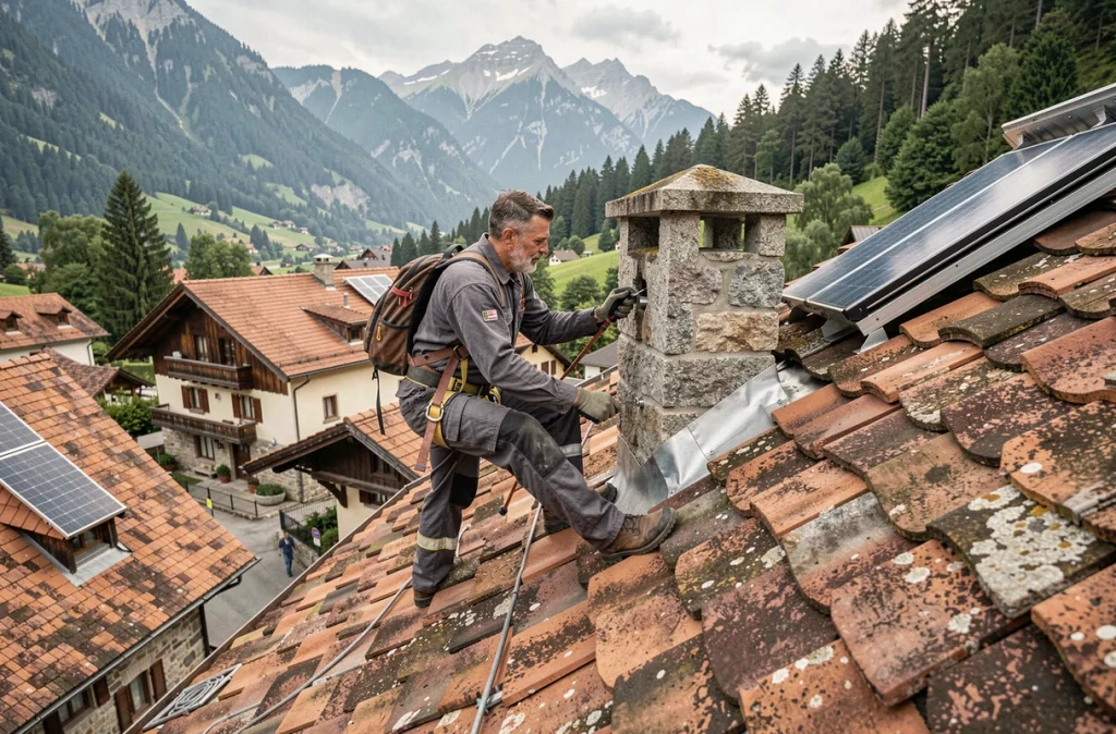 Technicien de DCRS Dépannage Chauffage Ramonage Solaire inspectant un conduit de cheminée sur un toit traditionnel savoyard