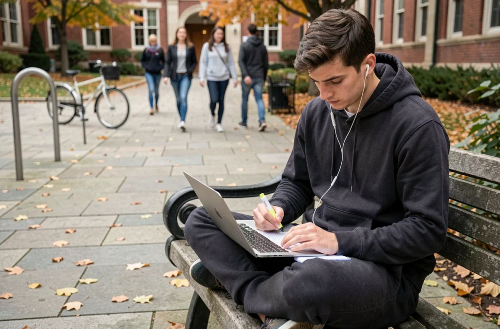 Étudiant adaptant son emploi du temps à l'horaire 378 sur un campus universitaire en automne