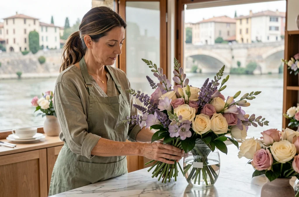 Fleuriste de Fleurs et Sens à Tournon-sur-Rhône arrangeant un bouquet parfumé de lavande et de roses