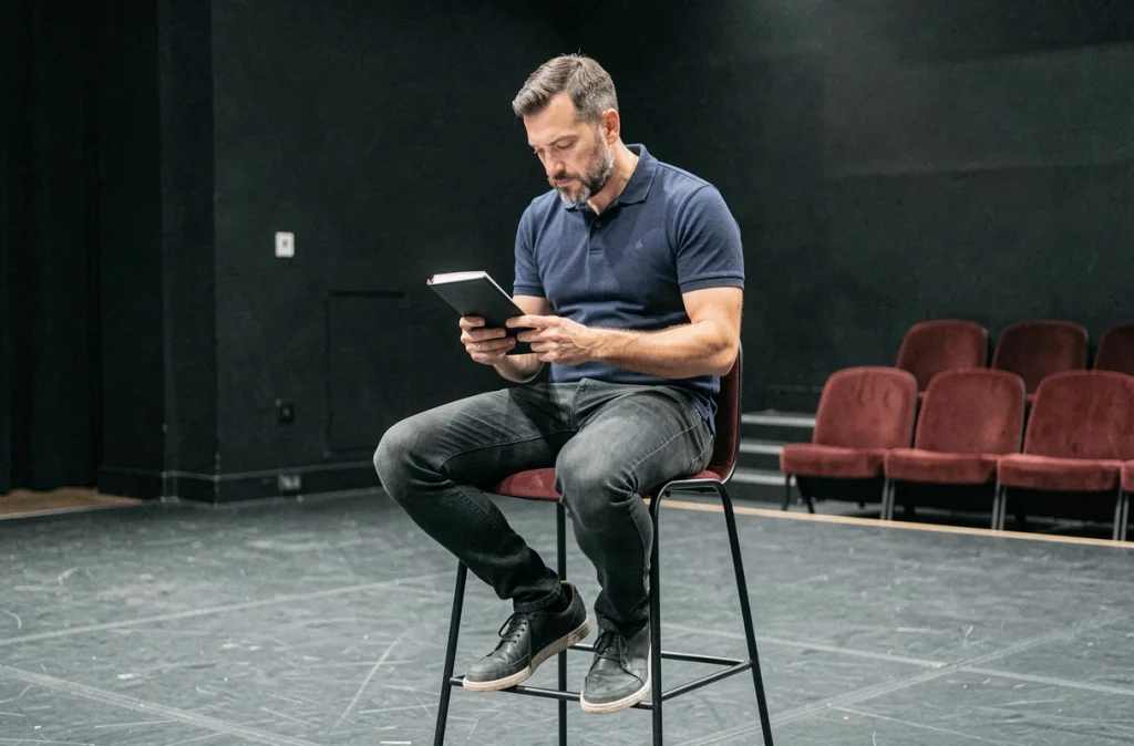 Humoriste français en coulisses d'un théâtre parisien, assis sur un tabouret avec son carnet de textes