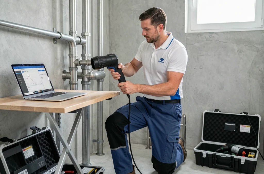 Expert d'Hydrosolutions utilisant une caméra d'inspection de canalisation dans une installation moderne à Annecy