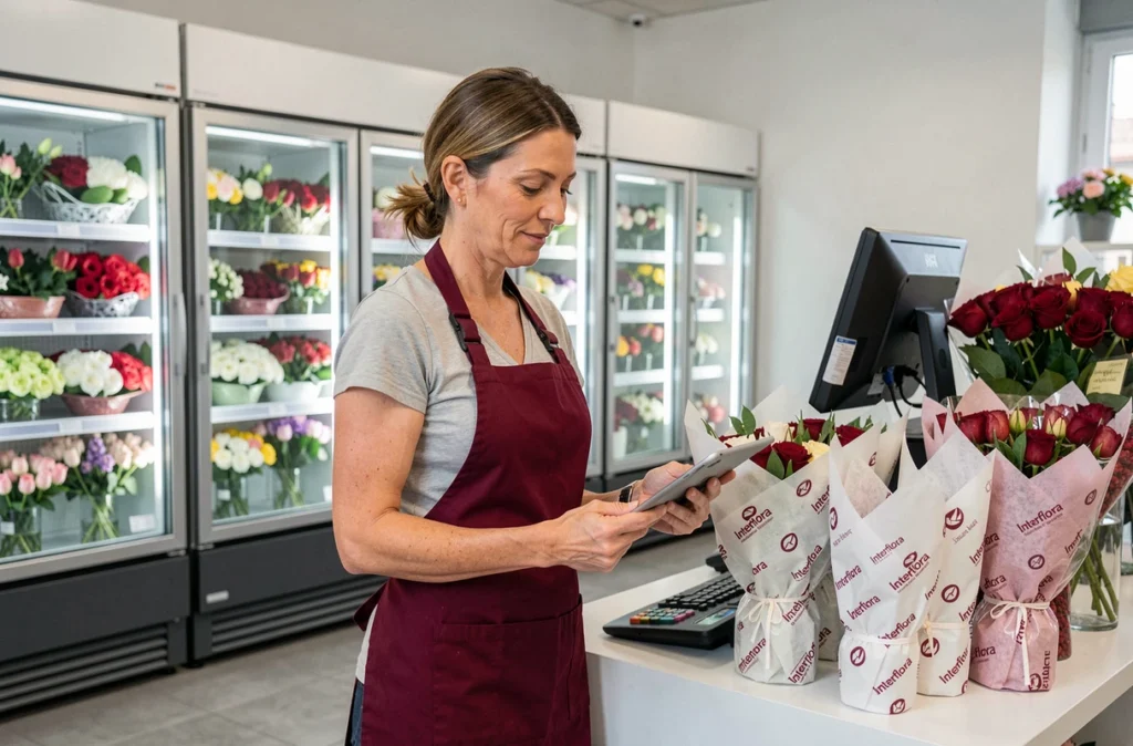Fleuriste partenaire Interflora à Aubenas gérant les commandes dans une boutique florale moderne
