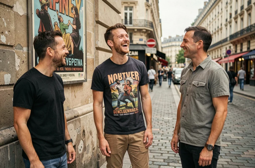Groupe de jeunes humoristes français riant ensemble devant un festival de stand-up à Paris