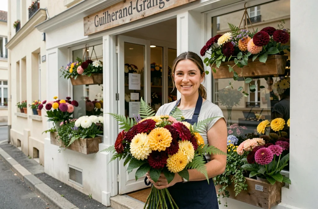 Fleuriste de La Rose des Vents à Guilherand-Granges tenant un bouquet de dahlias devant sa boutique