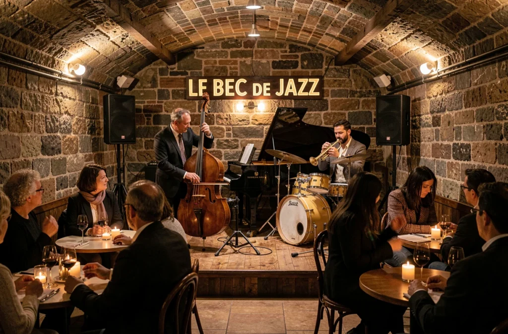 Concert de jazz en direct dans l'atmosphère intimiste du bar Le Bec de Jazz à Lyon