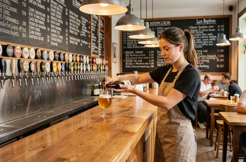 Large sélection de bières artisanales sur les robinets du bar Le Berthom Lyon