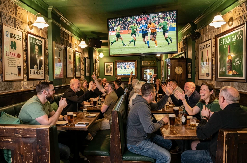 Ambiance authentique de pub irlandais au bar Le Flanigan's à Lyon avec clients regardant un match
