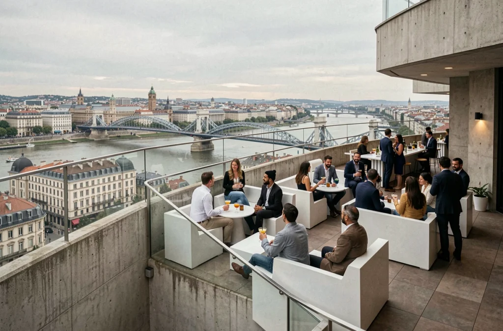 Terrasse rooftop du bar Le Sucre à Lyon avec vue panoramique sur la ville et le Rhône