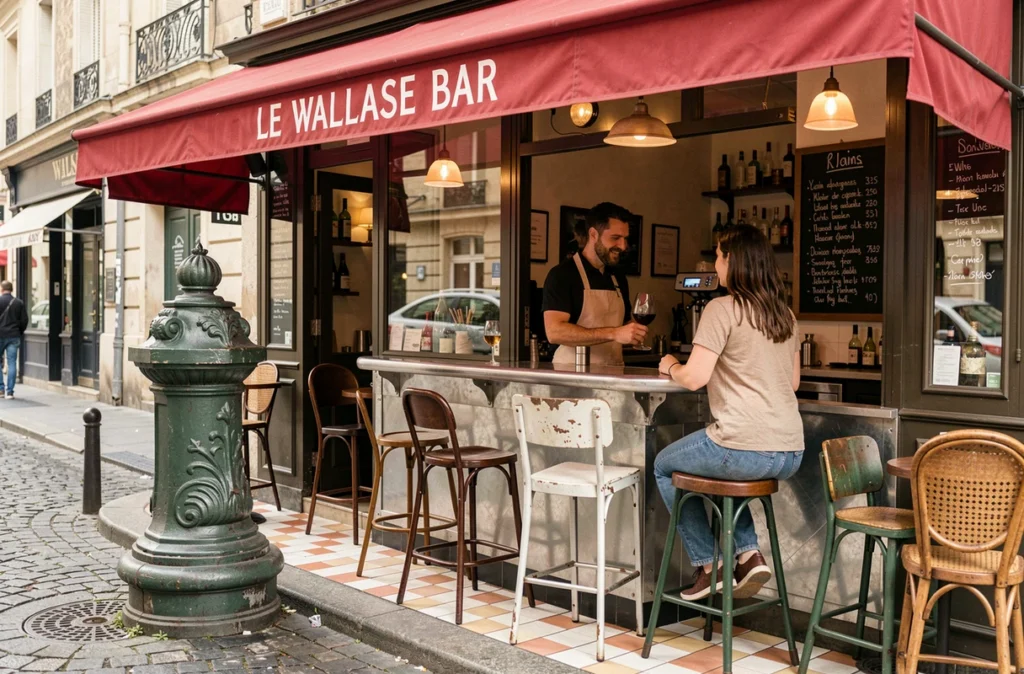 Façade et intérieur typique du bar de quartier Le Wallace Bar à Lyon avec comptoir en zinc