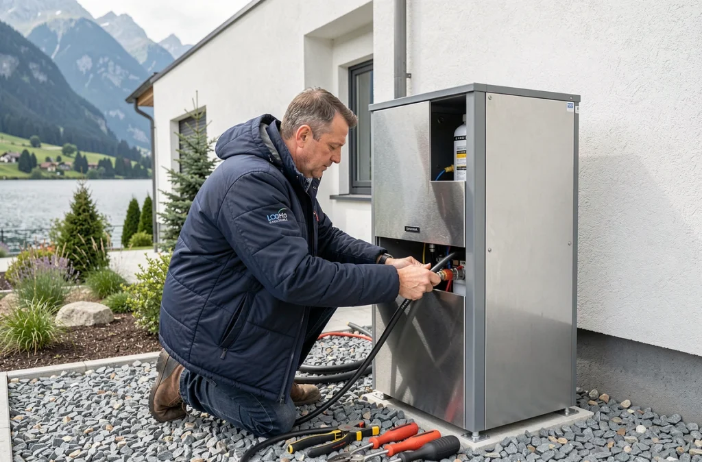 Technicien de Leman Energie installant une pompe à chaleur sur une maison contemporaine en bord du lac