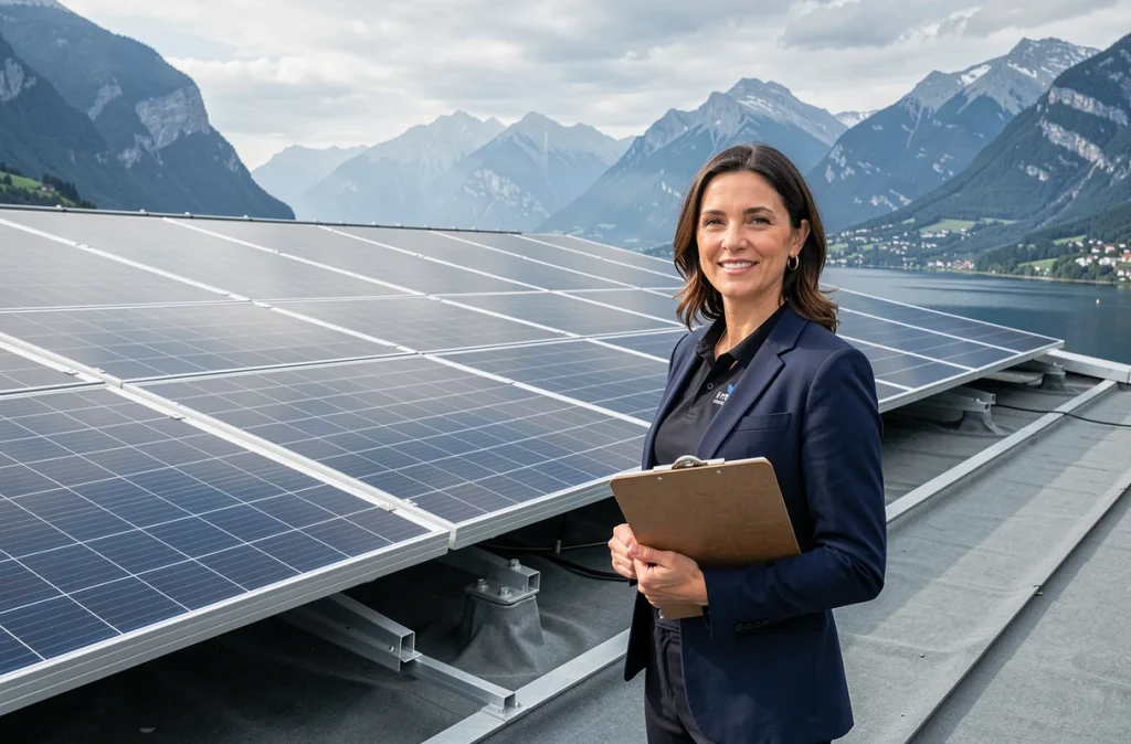 Conseillère de Lissi Energie présentant une installation de panneaux solaires thermiques sur un toit à Annecy