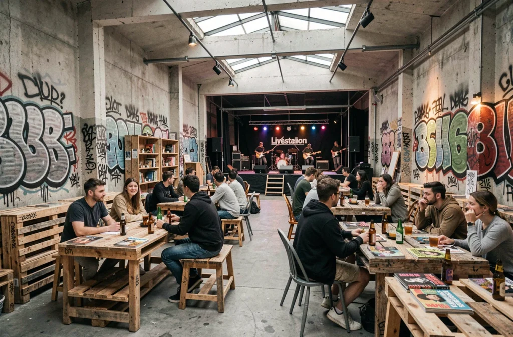 Espace créatif et industriel du bar Livestation DIY à Lyon avec art mural et mobilier récupéré